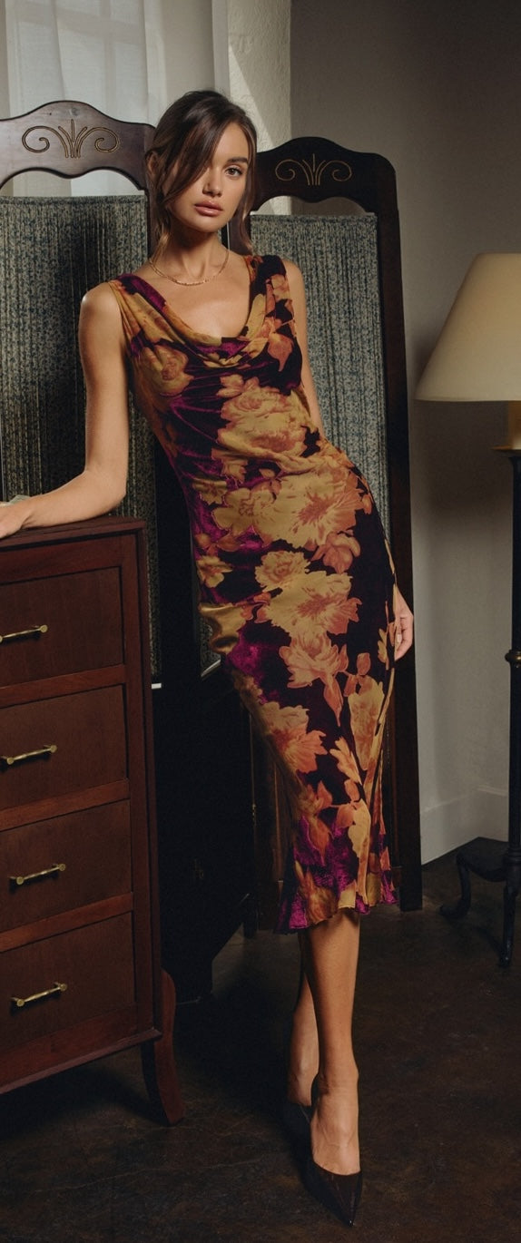 flemming floral velvet draped midi dress