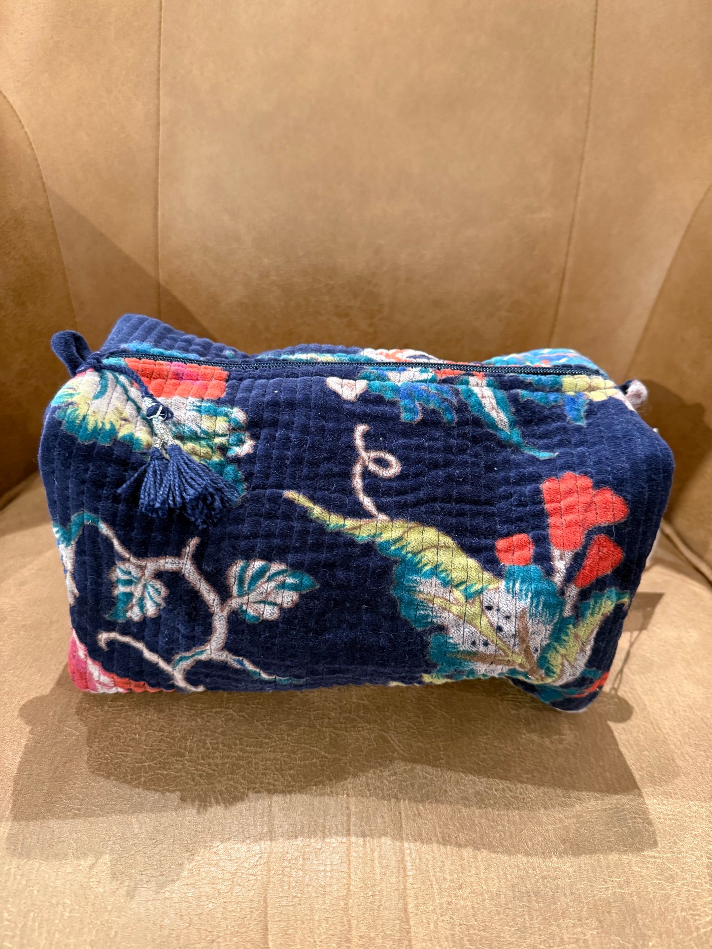 Blue multi floral printed velvet pouch