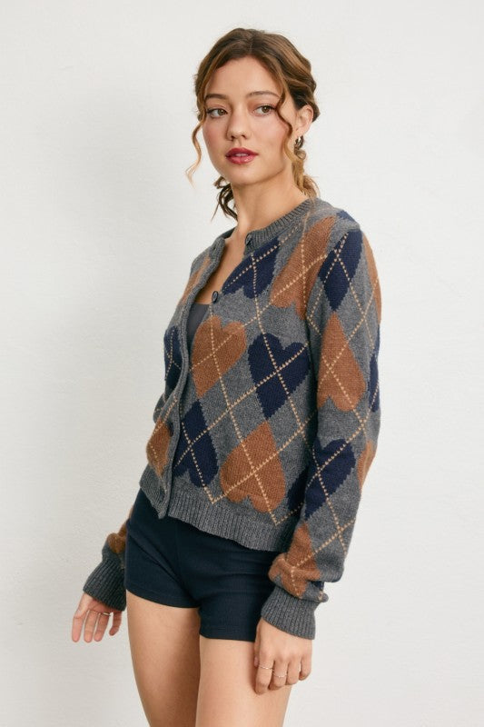 Working Heart Argyle Button Down Cardigan