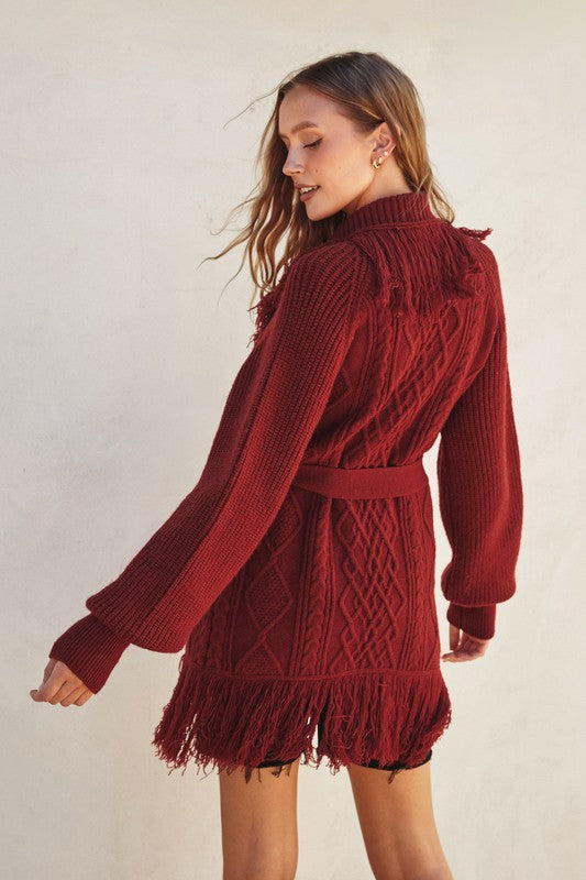 Cable Detail Fringe Long Cardigan