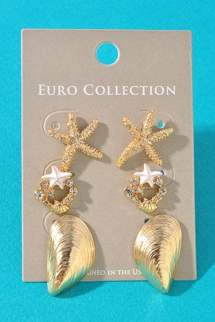 Gold Starfish & Seashell Dangle Earring Set