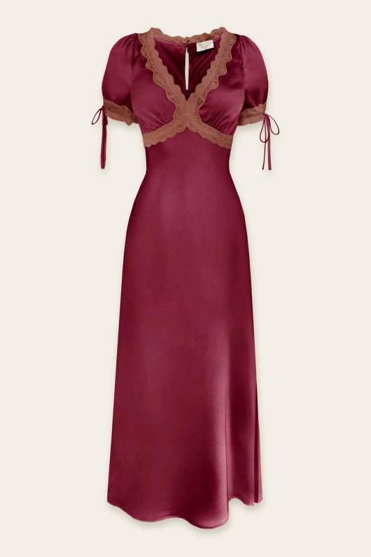 Satin Lace Trim Plunging Midi Dress