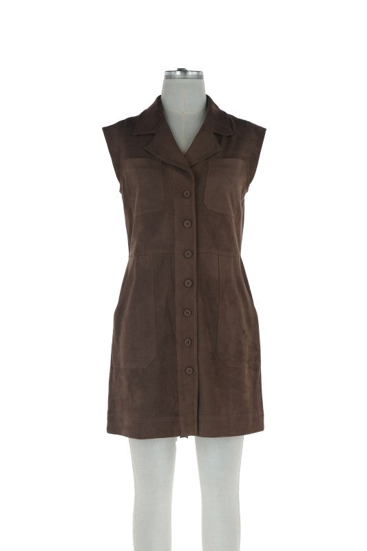 Sleeveless Suede Button Down Mini Dress