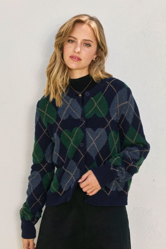 Working Heart Argyle Button Down Cardigan
