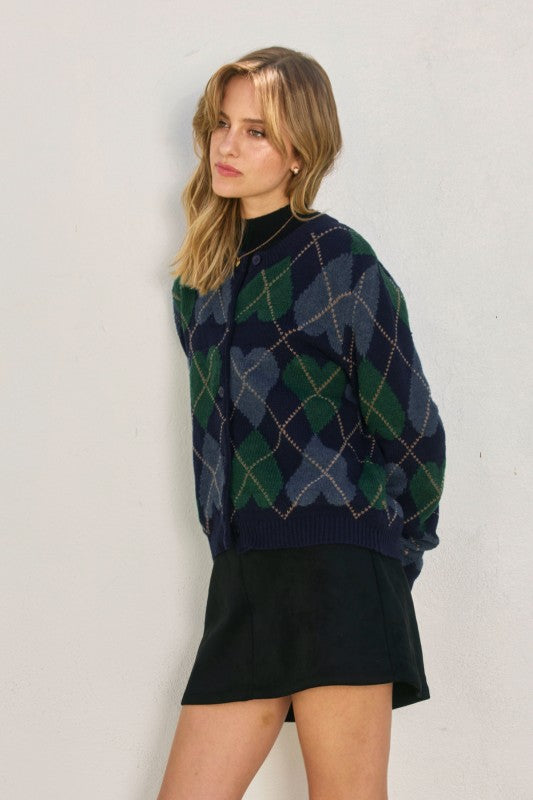 Working Heart Argyle Button Down Cardigan