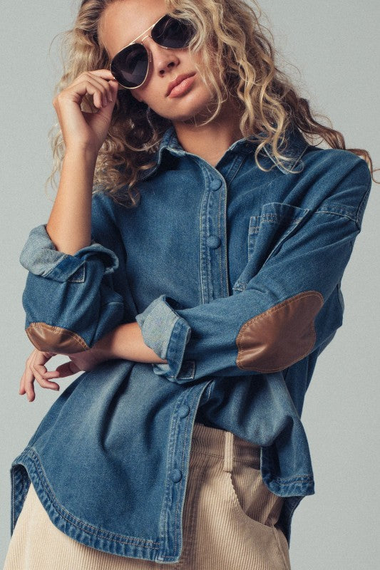 Denim Western Top With Elbow Patch