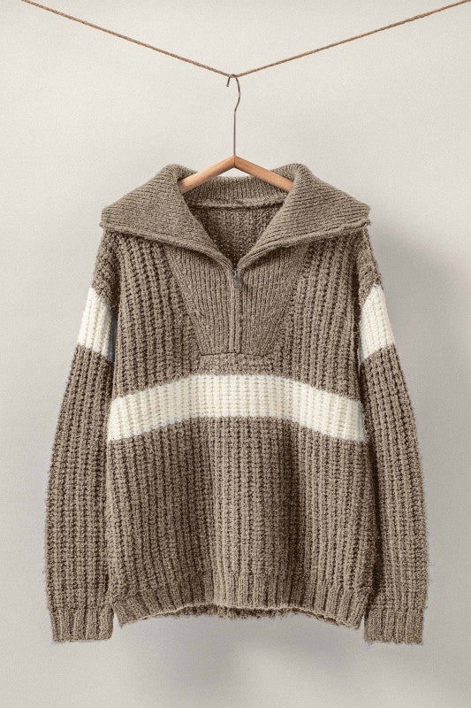 Chunky Knit Half-Zip Sweater w/ Stripe