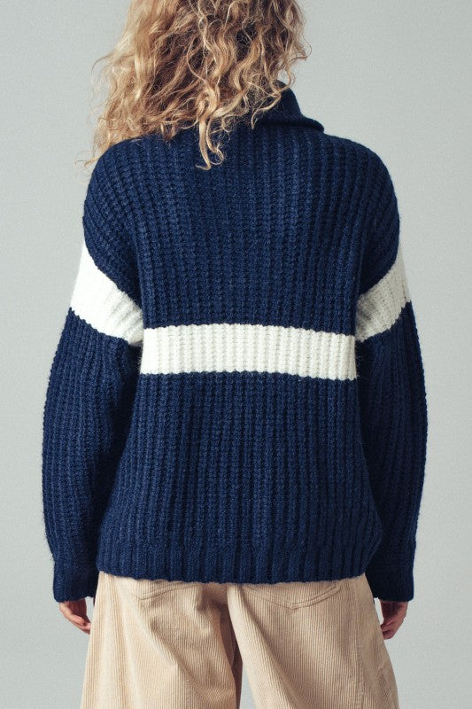 Chunky Knit Half-Zip Sweater w/ Stripe