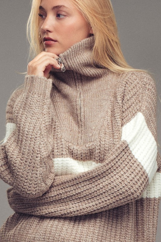 Chunky Knit Half-Zip Sweater w/ Stripe