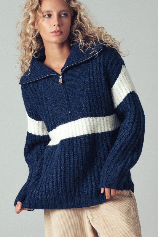 Chunky Knit Half-Zip Sweater w/ Stripe