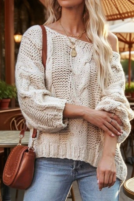 Off-Shoulder Cable Knit Sweater
