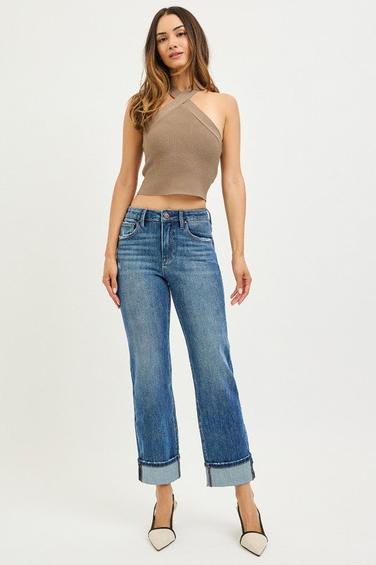 Slouchy Straight Jeans w/ Cuffed Hem