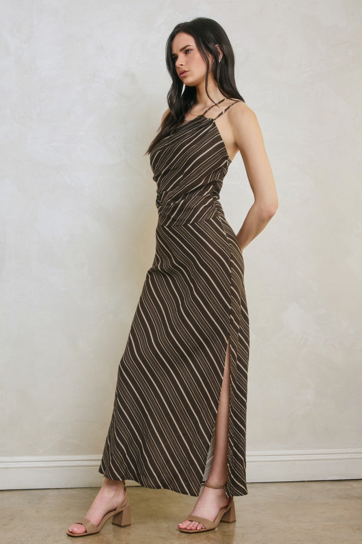 seraphina stripe one shoulder ruched maxi dress