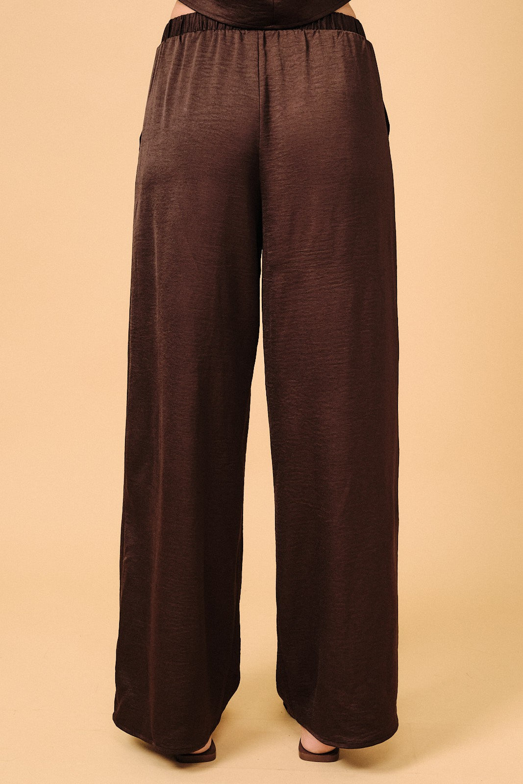 Drawstring Elastic Waist Band Crinkled Satin Wide Leg Pants