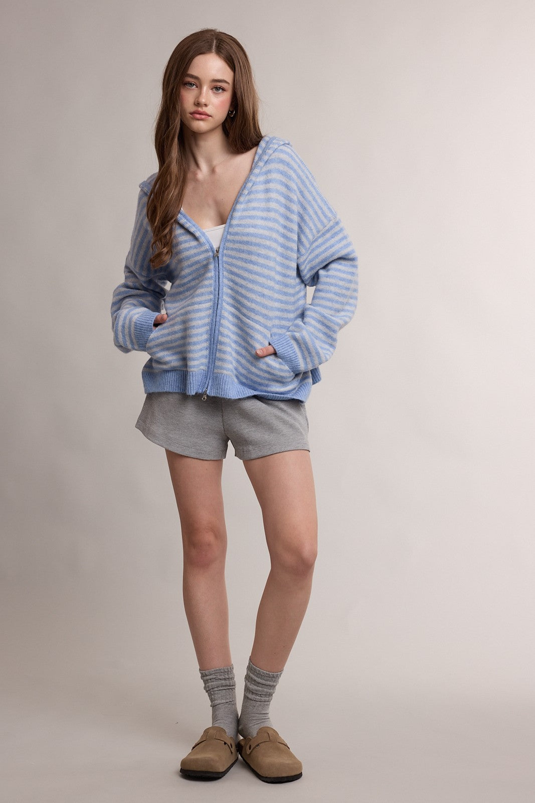 suri striped two-way zip sweater hoodie