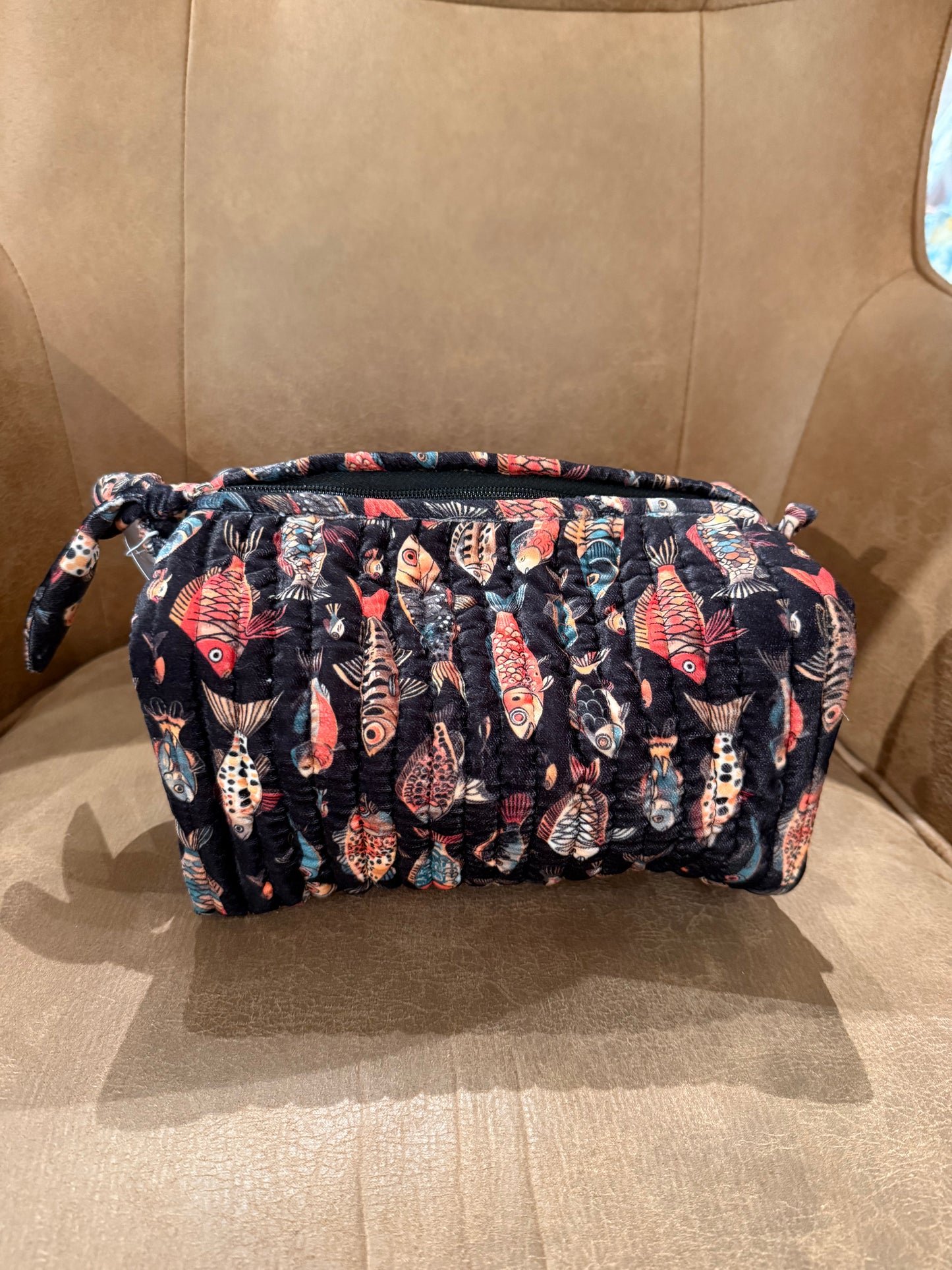 Dark fish printed velvet pouch