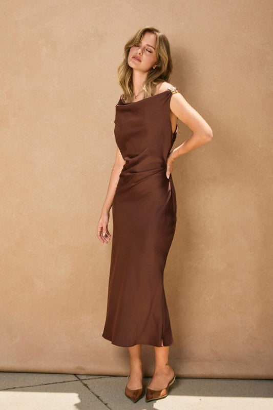 Dull Satin Ruched Midi Dress