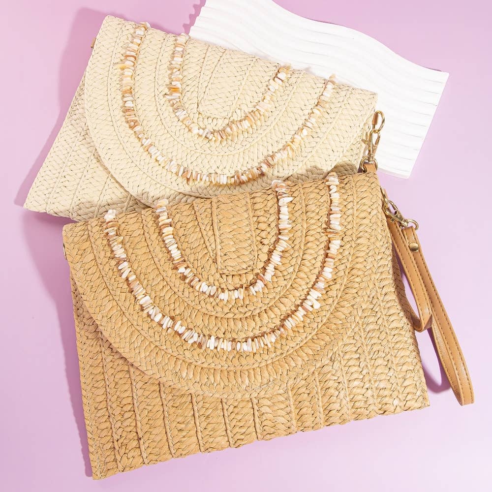 Shell Beaded Accent Paper Woven Envelope Clutch Bag
