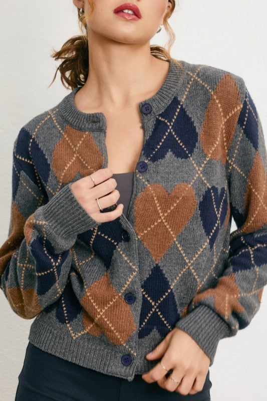 Working Heart Argyle Button Down Cardigan