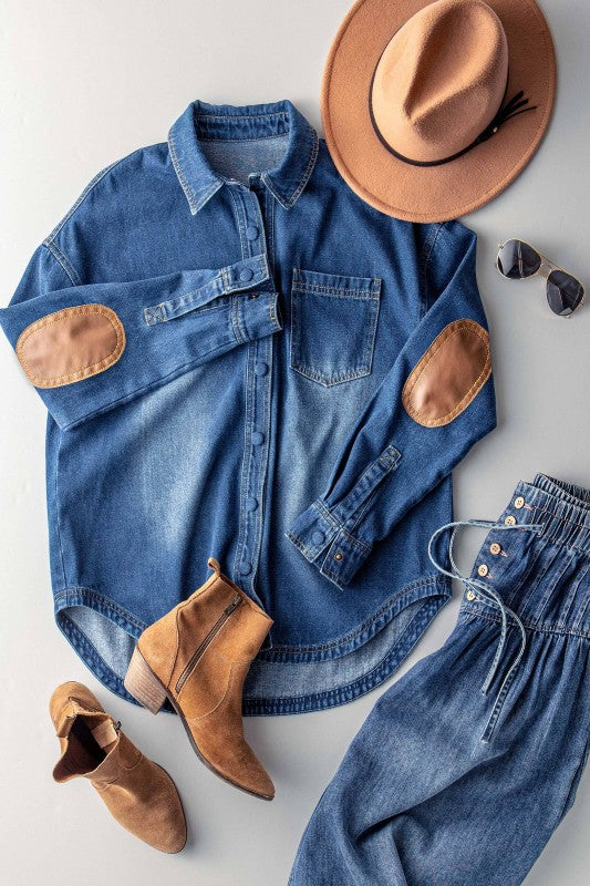 Denim Western Top With Elbow Patch