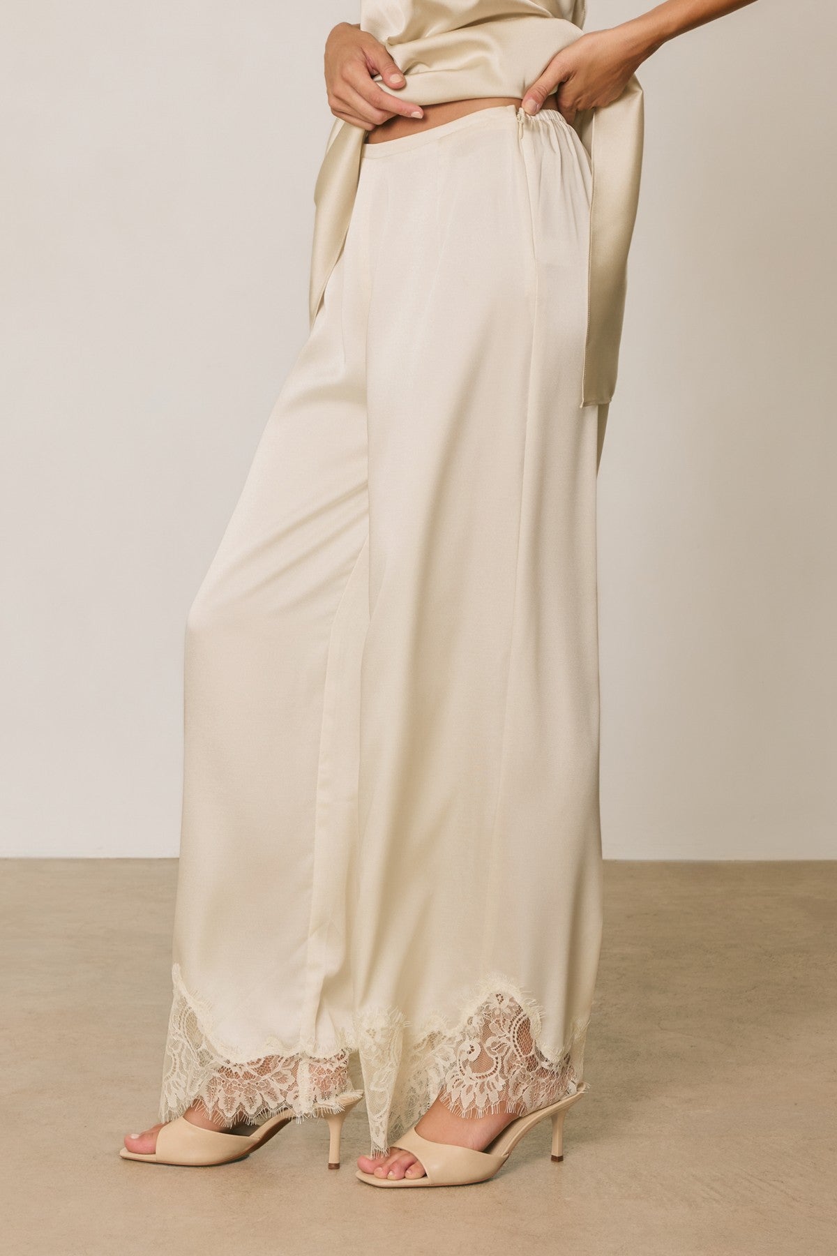 satin lace hem straight leg pants