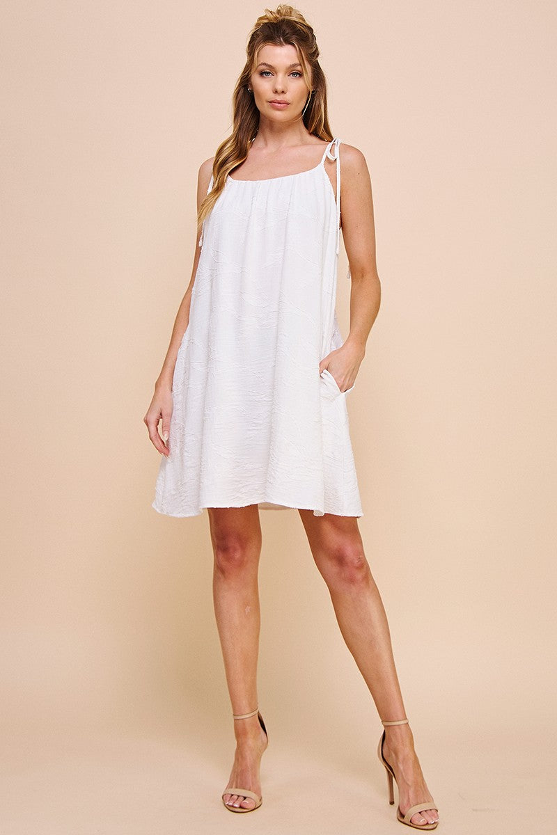 tie sleeve textured mini swing dress