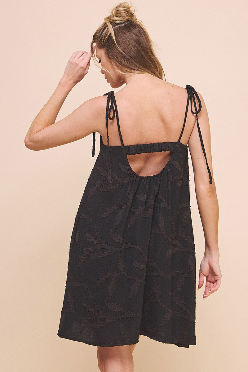 tie sleeve textured mini swing dress