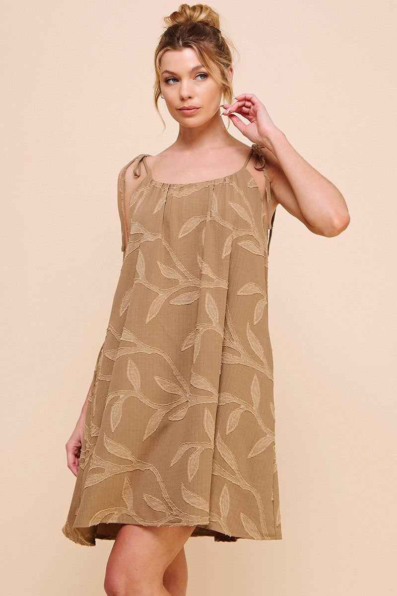 tie sleeve textured mini swing dress