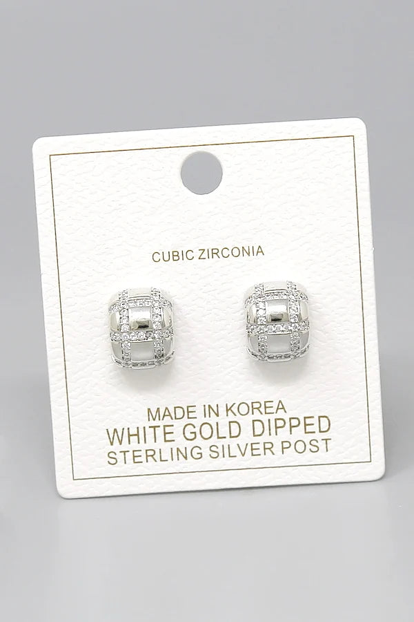 CZ Quilted Crosshatch Huggie Stud Earrings-silver