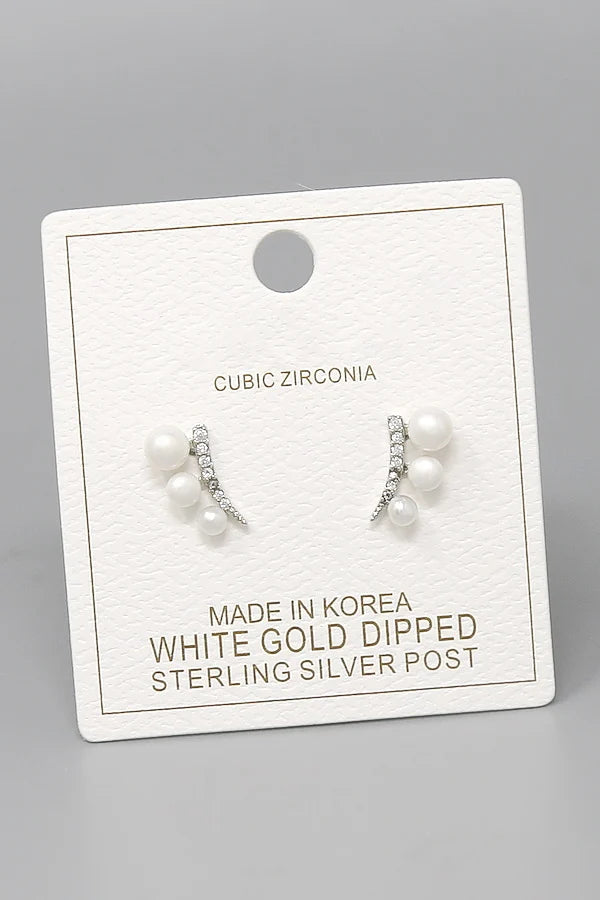Pearl and CZ Ear Crawler Studs-silver