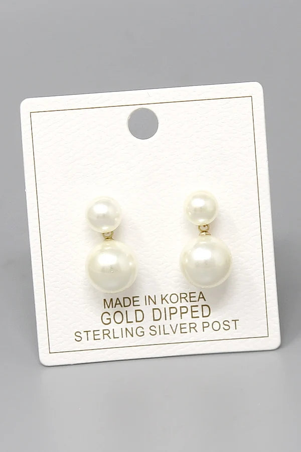 Double Pearl white Gold Dip Earrings-ss post