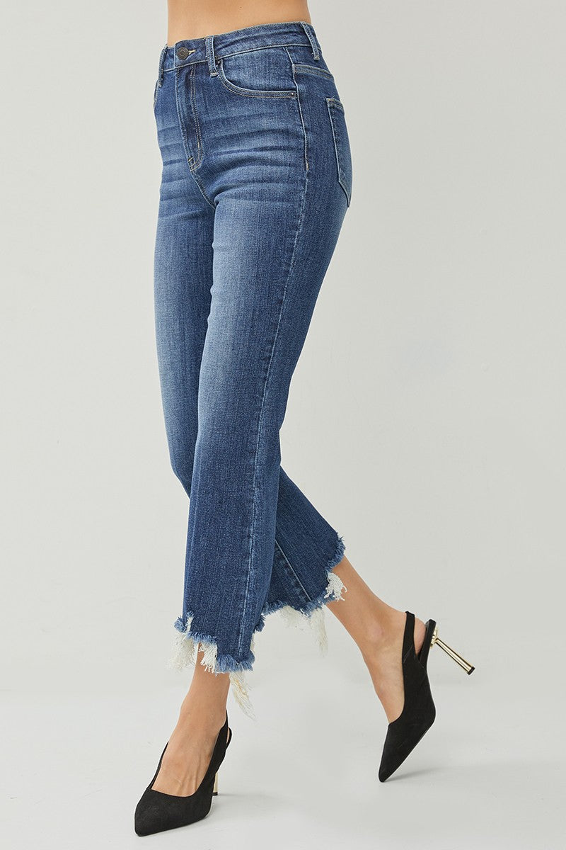 High Rise Crop Flare Frayed Hem Jeans