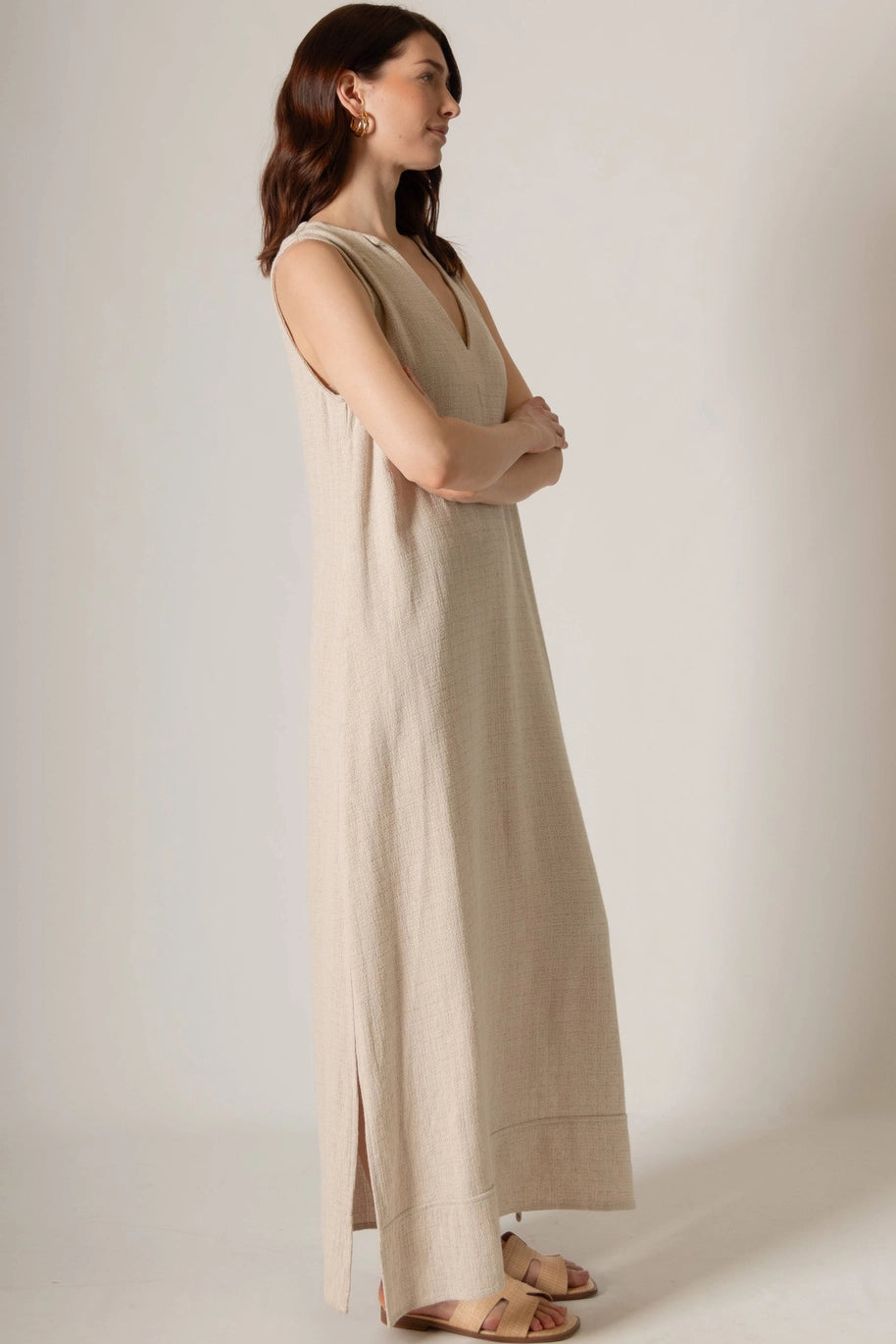 Linen V Neck Sleeveless Maxi Dress