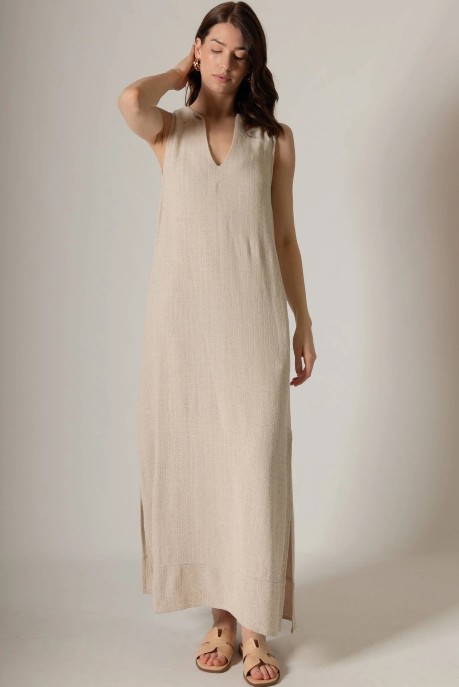 Linen V Neck Sleeveless Maxi Dress