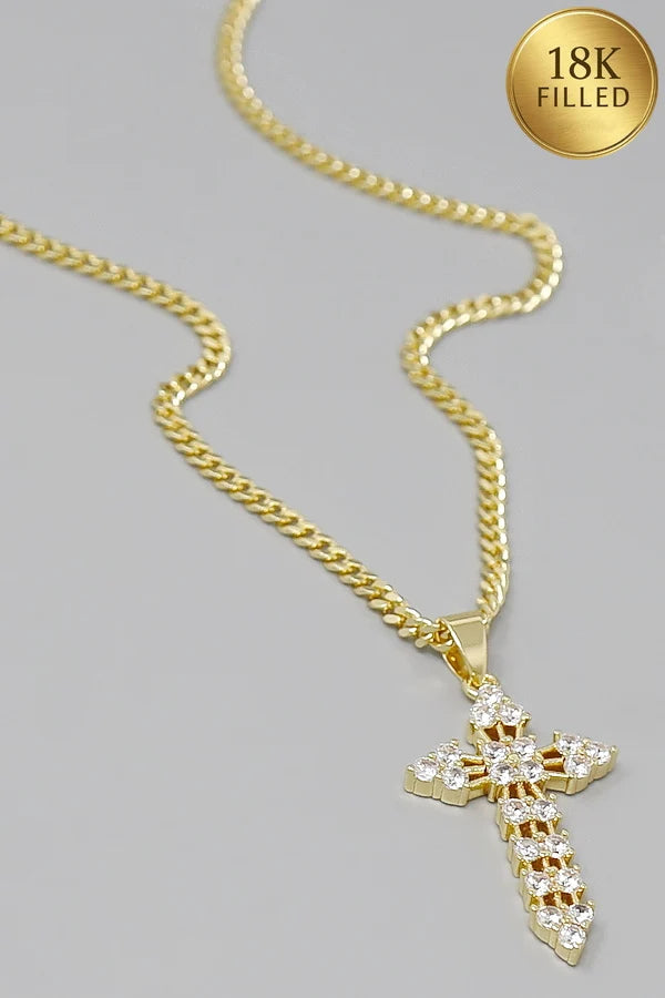 Pave Cross Pendant Gold Filled Curb Chain Necklace
