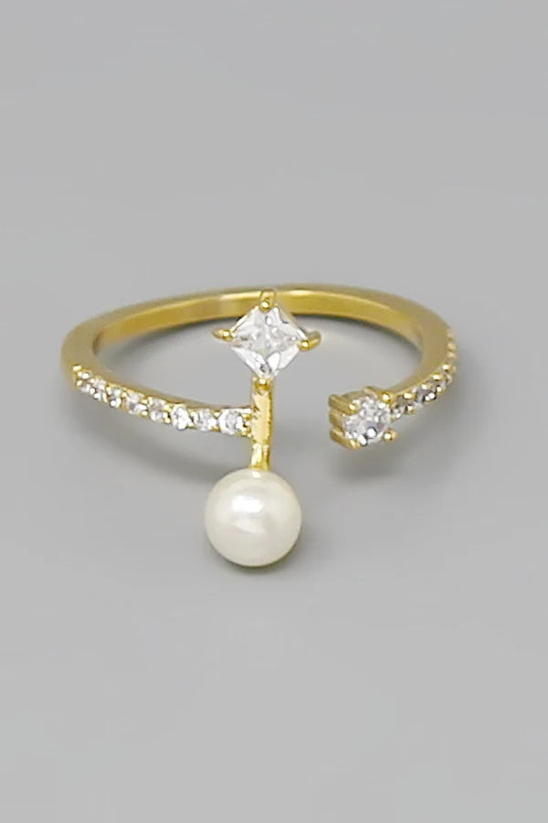 Pearl And CZ Pave Adjustable Ring