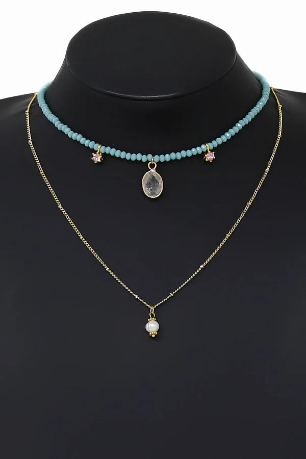 Pearl Charm Layered Satellite Chain & Crystal Bead Necklace-turqouise