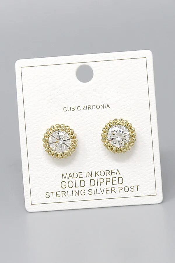 Round Cubic Zirconia Beaded Border Gold Dipped Stud Earrings-gold