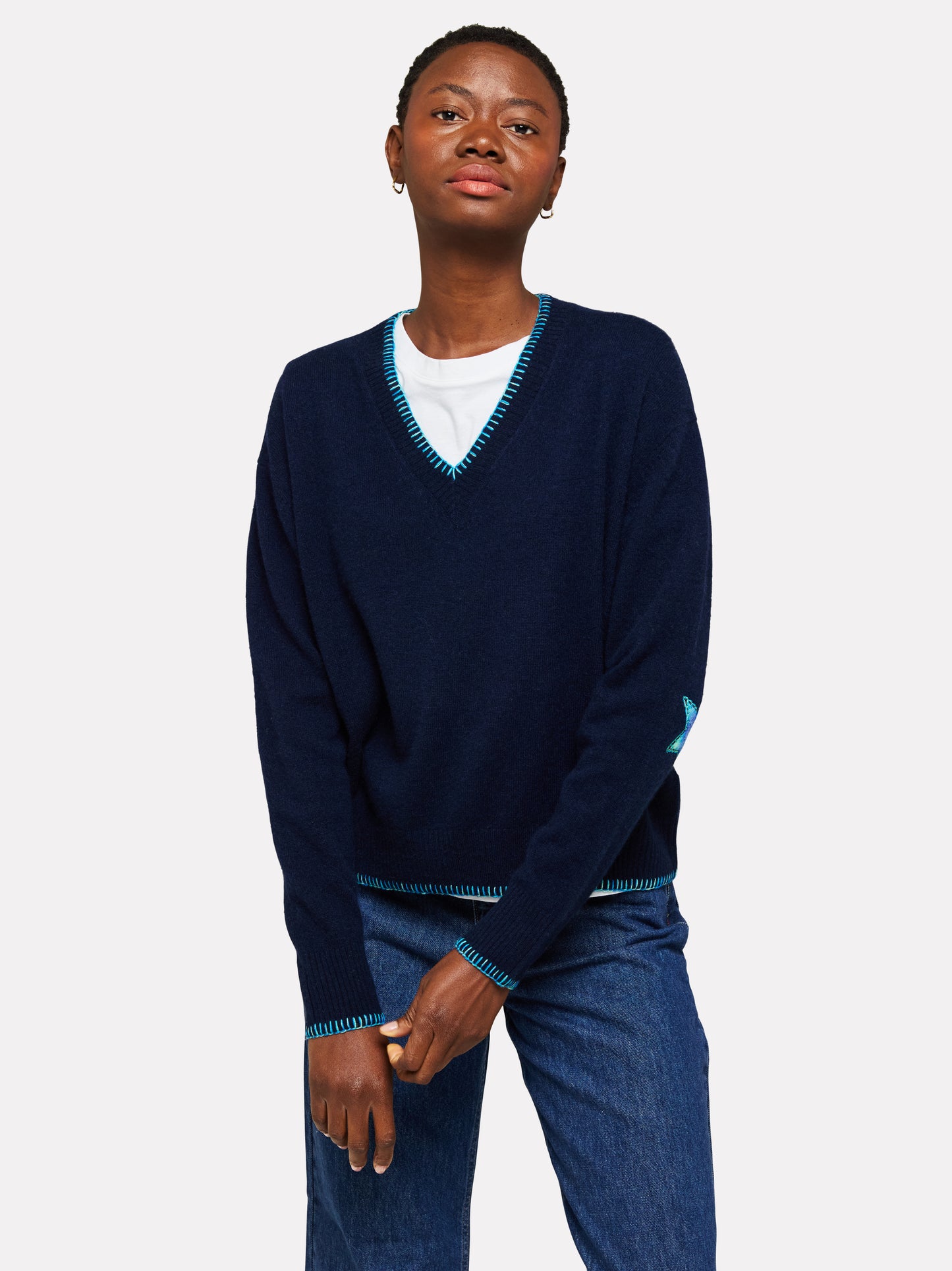 inked patch v neck sweater