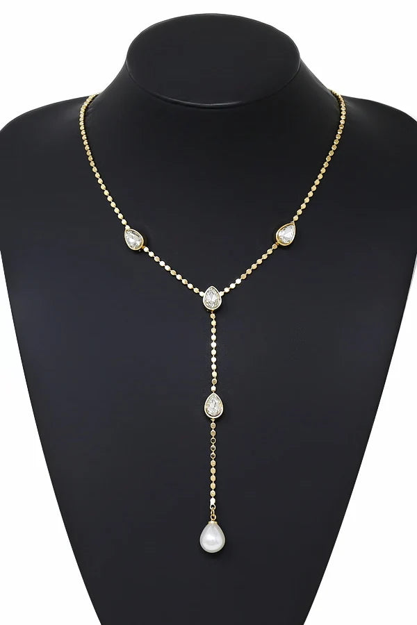 Teardrop Glass Stone & Pearl Y-Drop Lariat Necklace