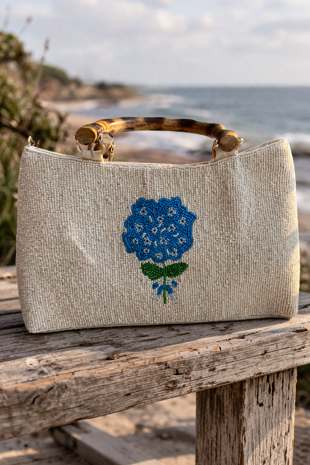 Hydrangea Beaded Bag with Bamboo Handle
