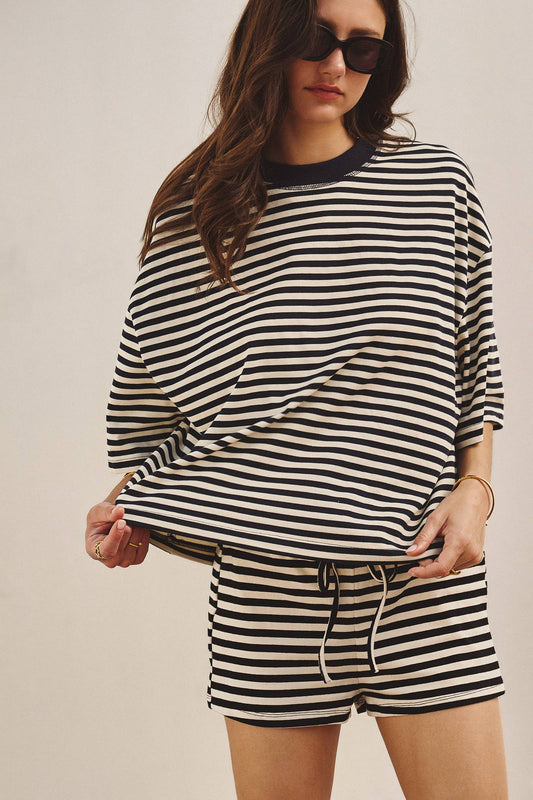 Oversized Striped Contrast Neck Boxy Tee