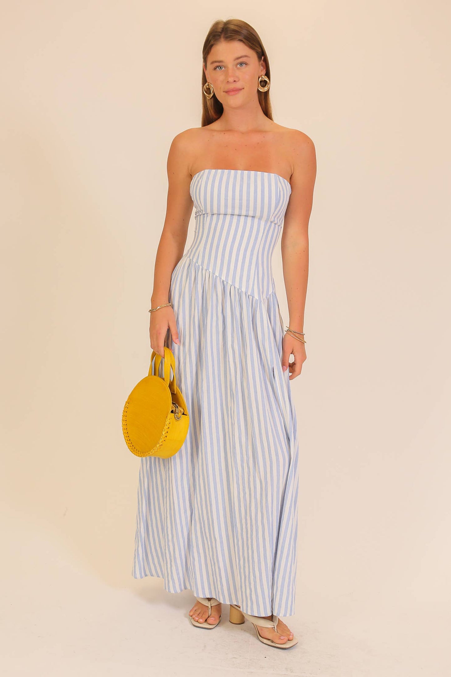 Seaside Striped Strapless Side Slit Maxi Dress
