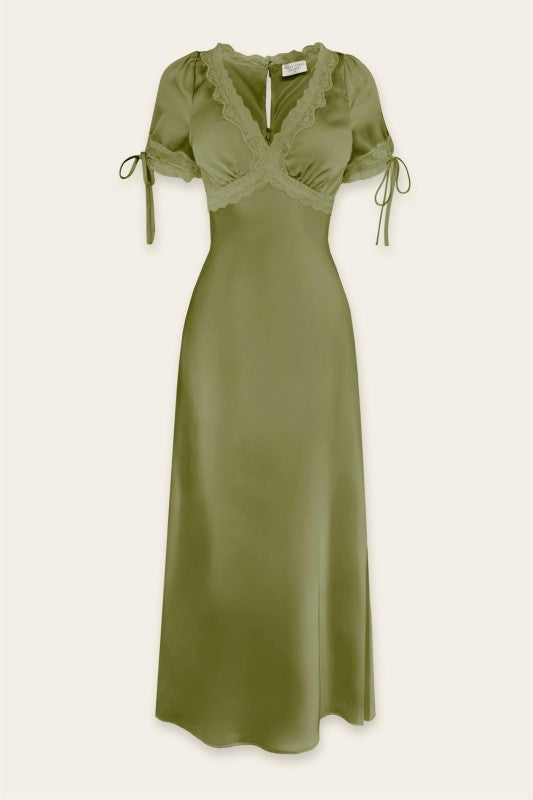 Satin Lace Trim Plunging Midi Dress