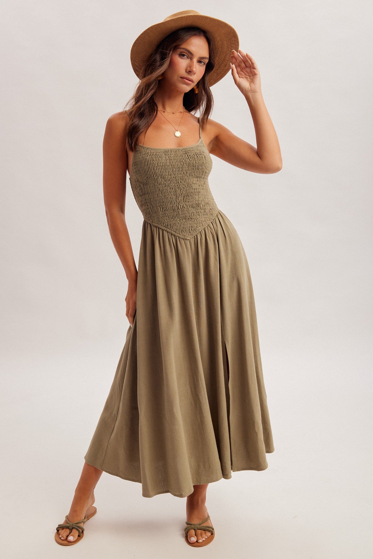 corset smocked midi dress