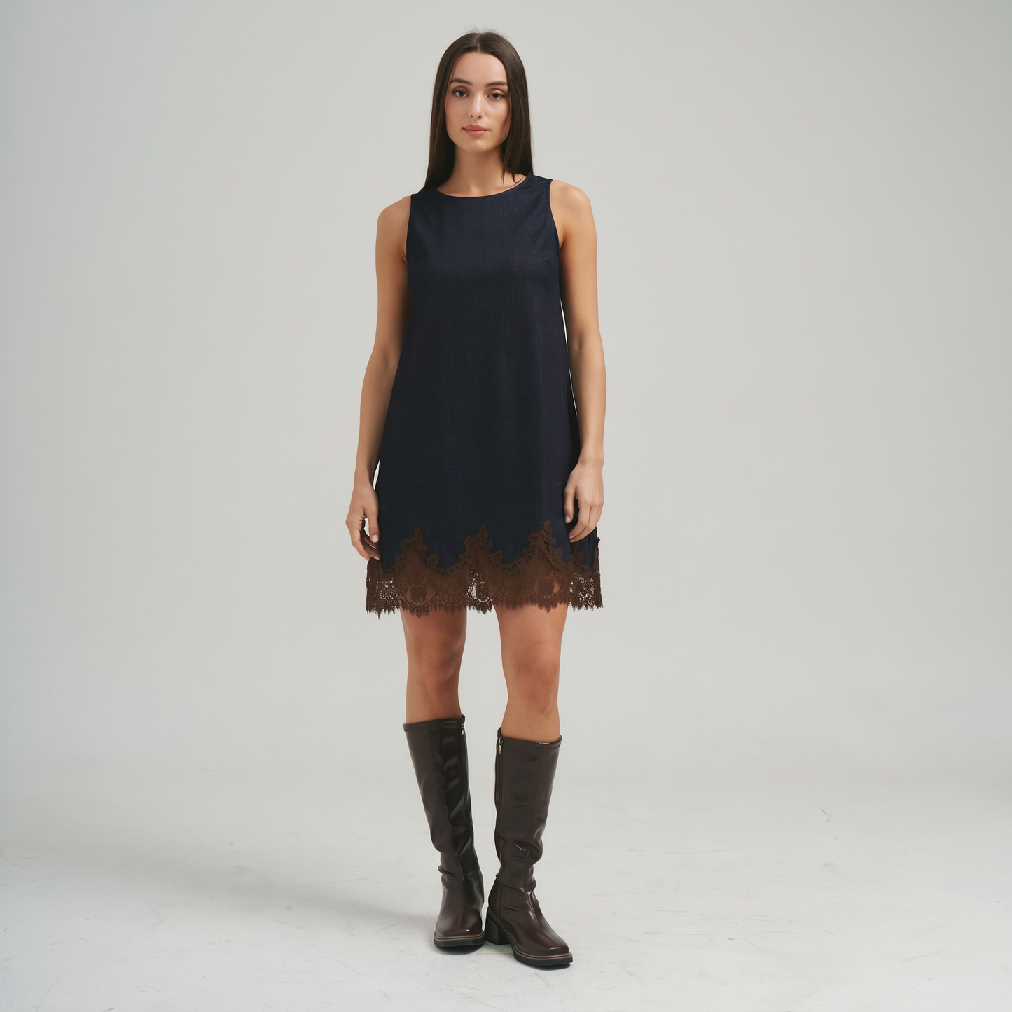 Lace trimmed denim mini dress