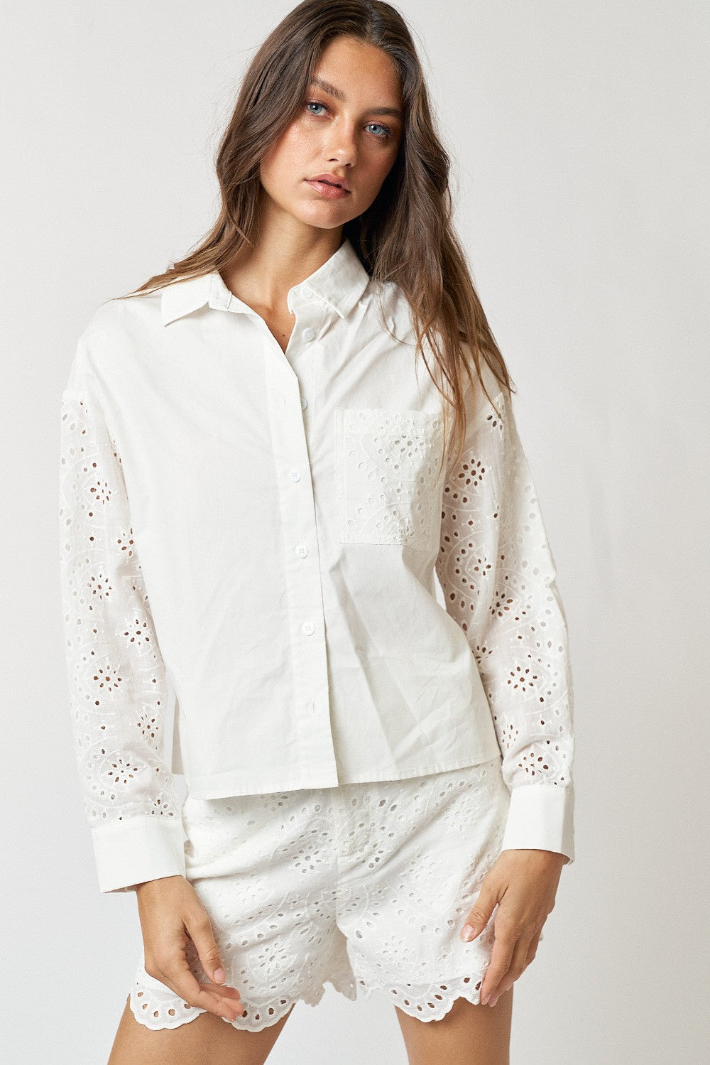 eyelet contrast button down shirt