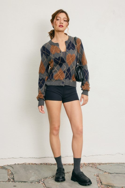 Working Heart Argyle Button Down Cardigan