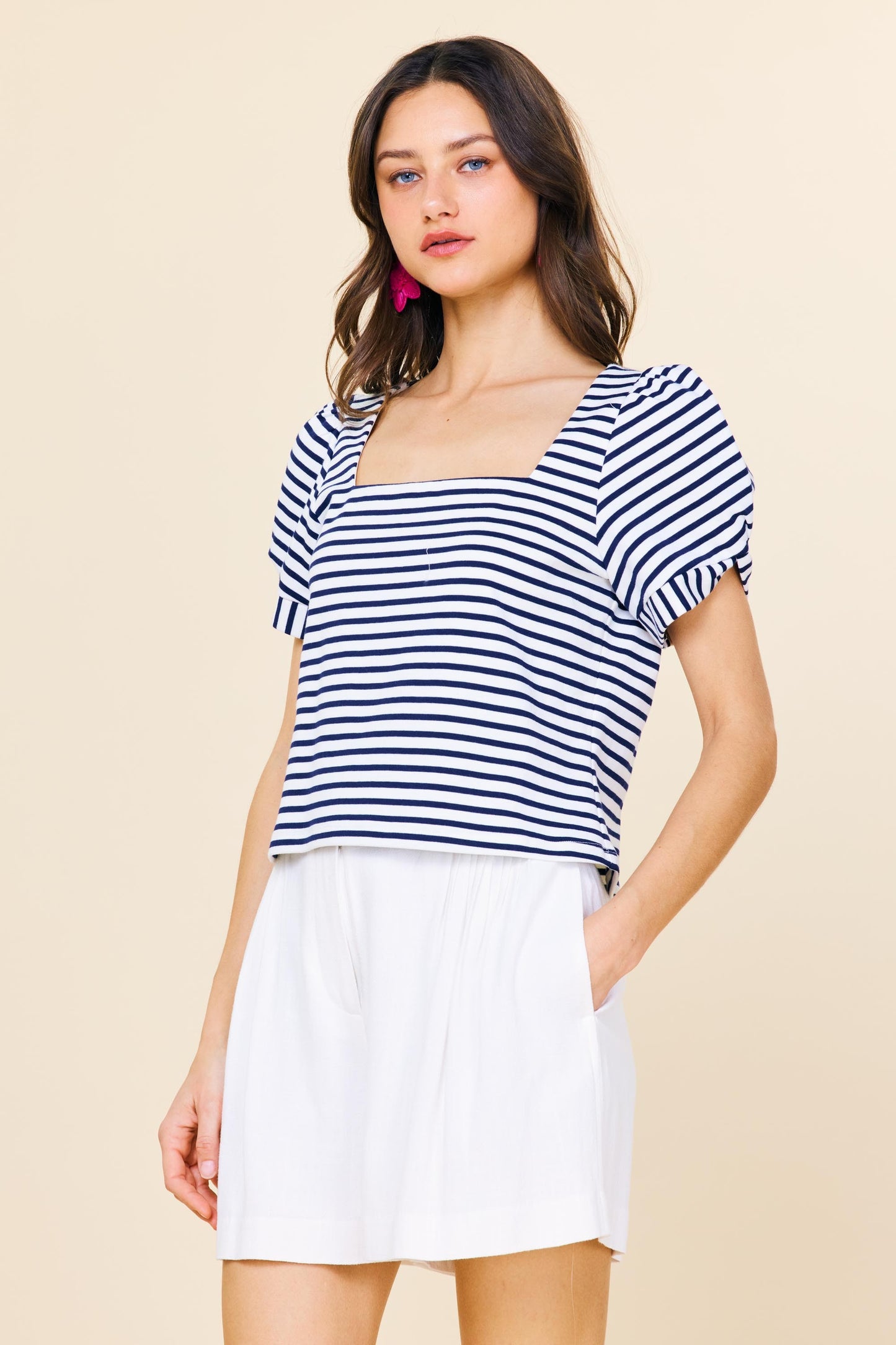 knit stripe puff sleeve top