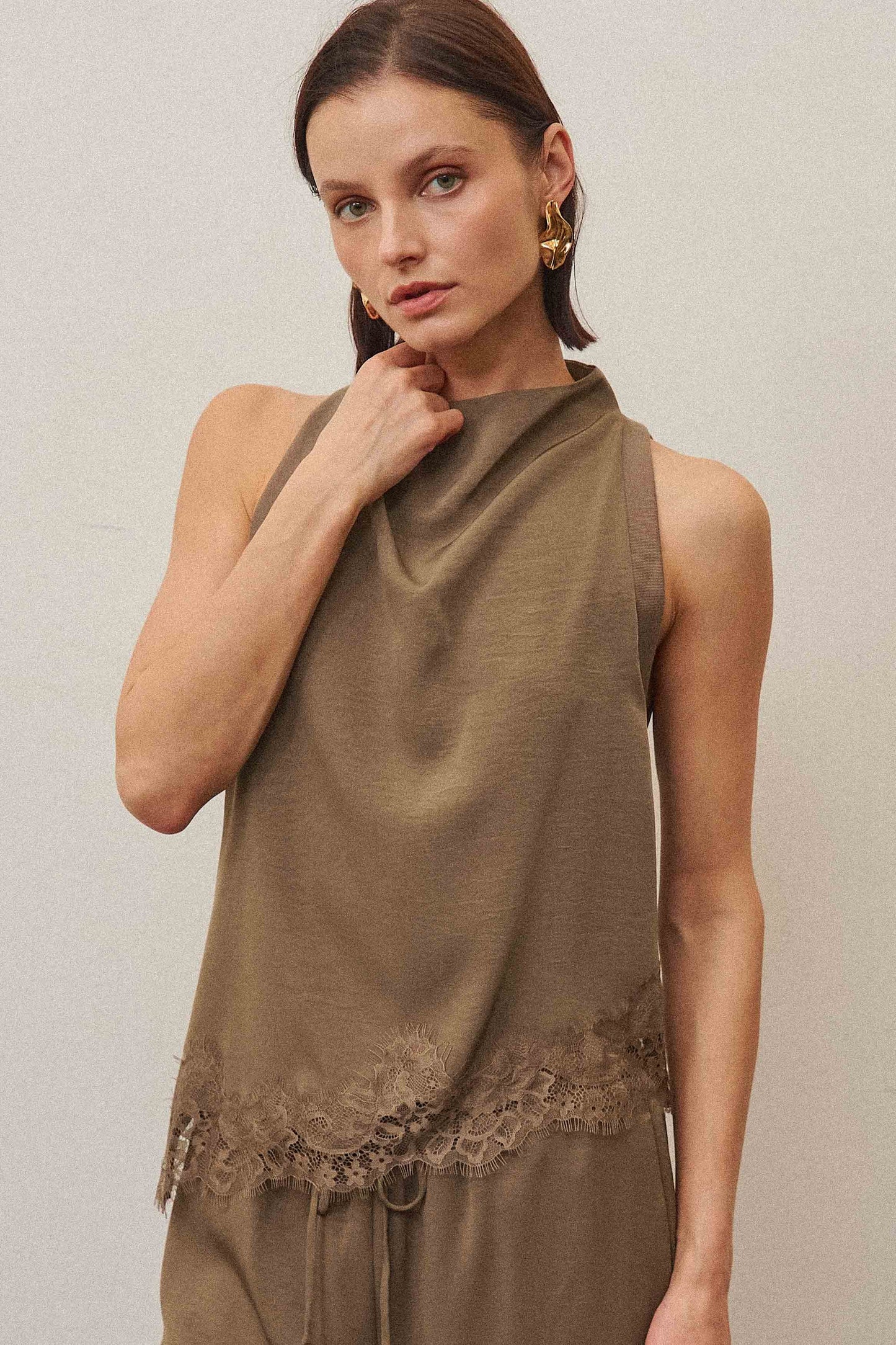 luisa cowl neck lace trim top